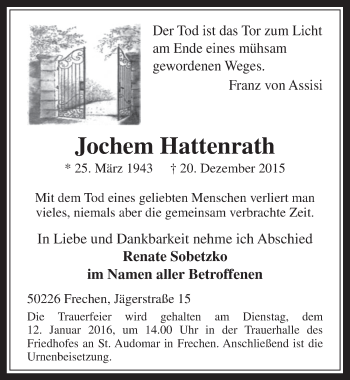 Anzeige von Jochem Hattenrath von  Wochenende 
