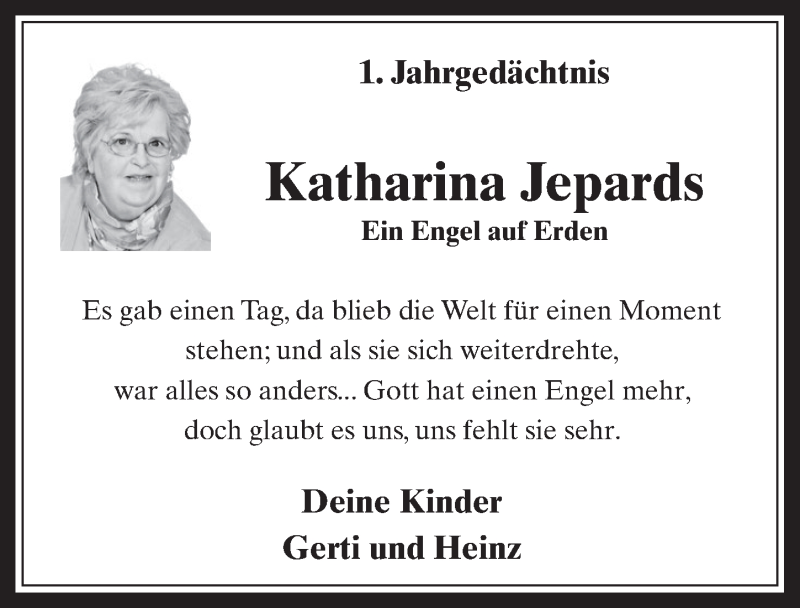  Traueranzeige für Katharina Jepards vom 13.01.2016 aus  Wochenende 