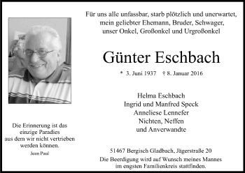 Anzeige von Günter Eschbach von Kölner Stadt-Anzeiger / Kölnische Rundschau / Express