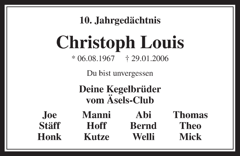  Traueranzeige für Christoph Louis vom 27.01.2016 aus  Werbepost 