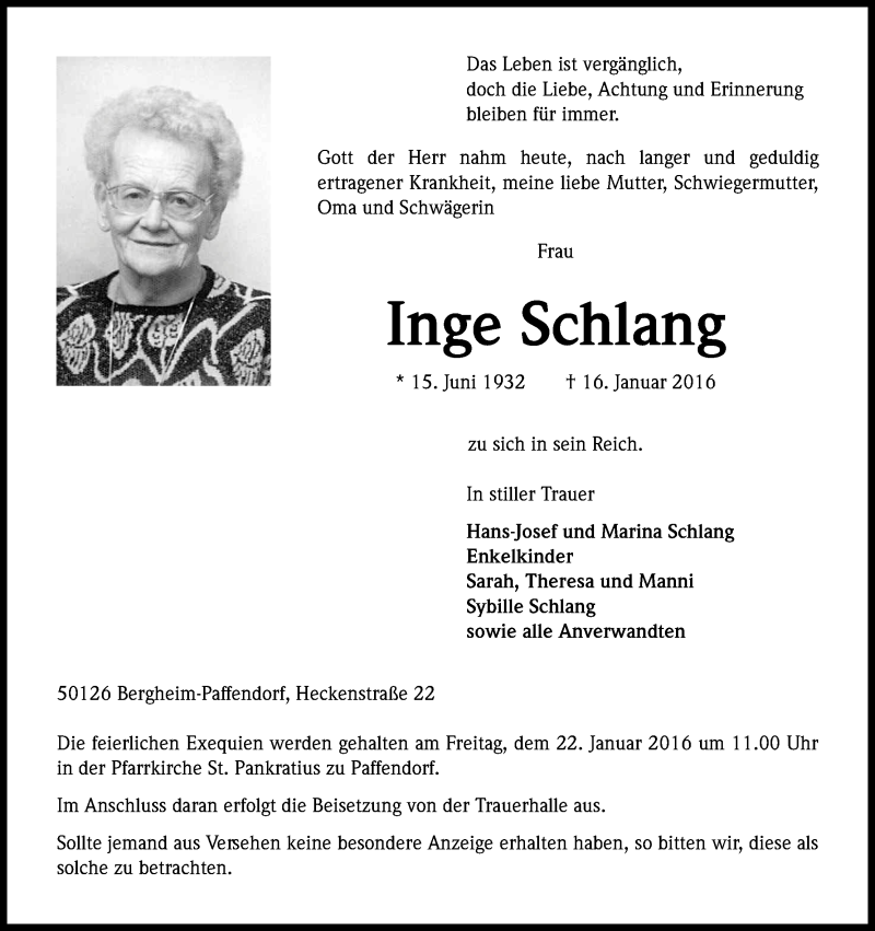  Traueranzeige für Inge Schlang vom 20.01.2016 aus Kölner Stadt-Anzeiger / Kölnische Rundschau / Express