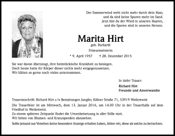 Anzeige von Marita Hirt von Kölner Stadt-Anzeiger / Kölnische Rundschau / Express