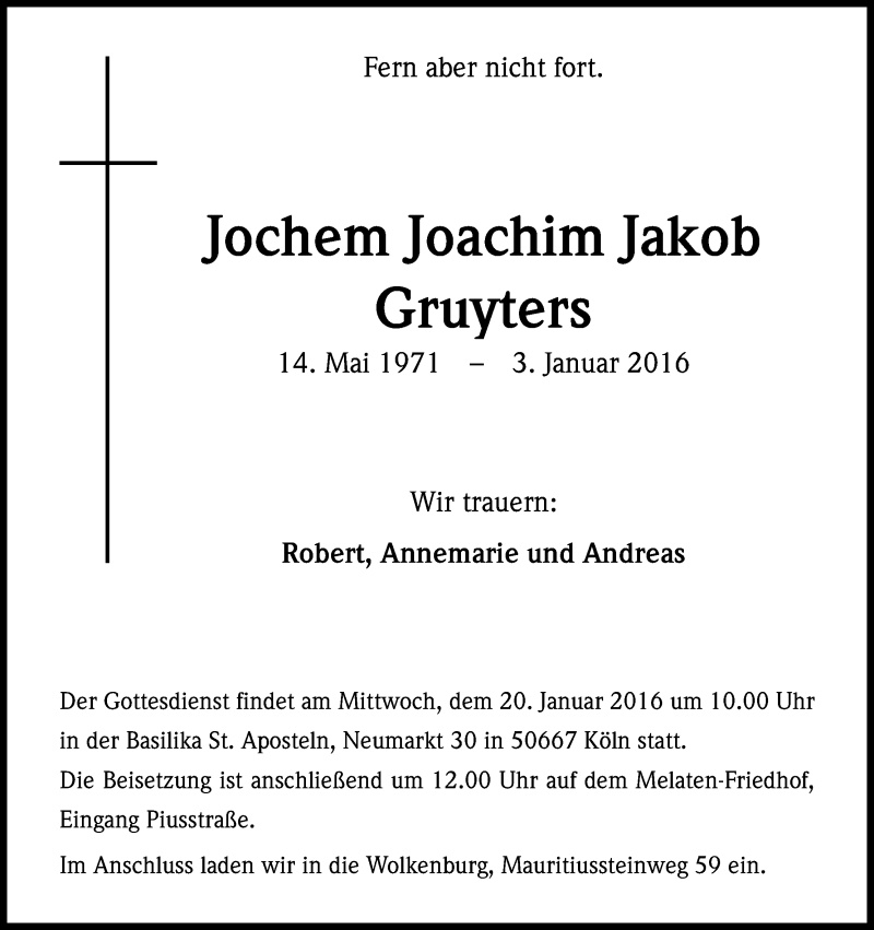  Traueranzeige für Jochem Joachim Jakob Gruyters vom 16.01.2016 aus Kölner Stadt-Anzeiger / Kölnische Rundschau / Express