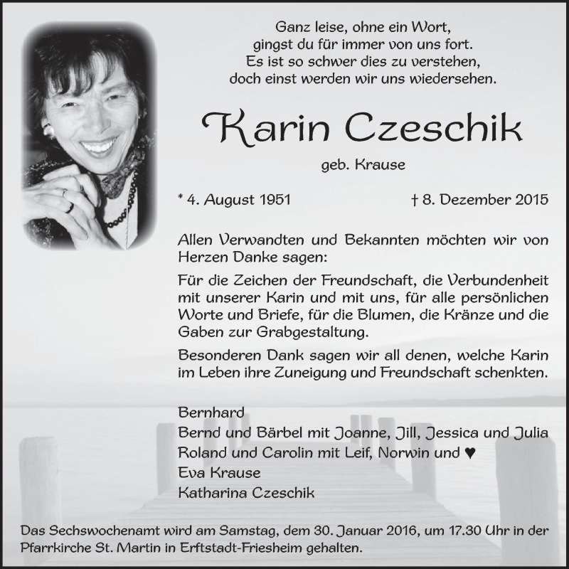  Traueranzeige für Karin Czeschik vom 23.01.2016 aus  Sonntags-Post 