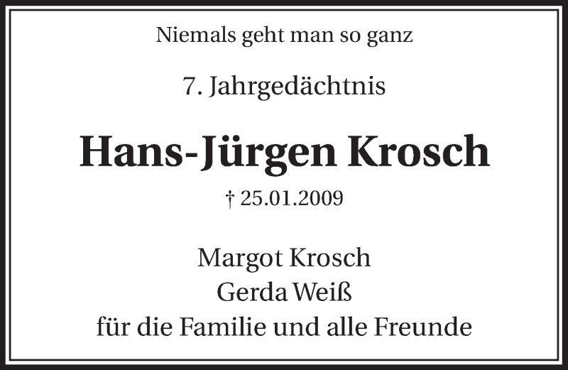  Traueranzeige für Hans-Jürgen Krosch vom 23.01.2016 aus  Sonntags-Post 