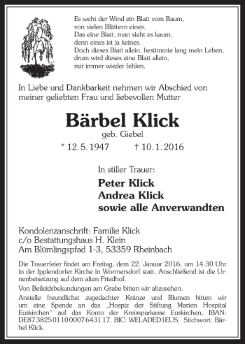 Anzeige von Bärbel Klick von  Schaufenster/Blickpunkt 