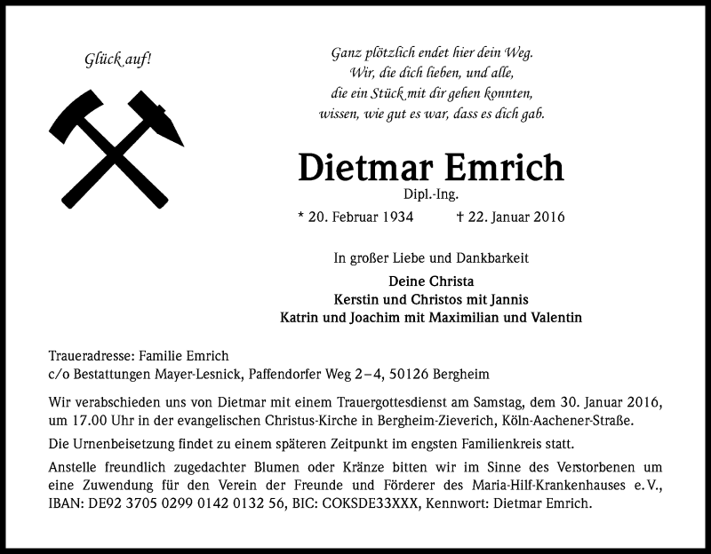  Traueranzeige für Dietmar Emrich vom 27.01.2016 aus Kölner Stadt-Anzeiger / Kölnische Rundschau / Express