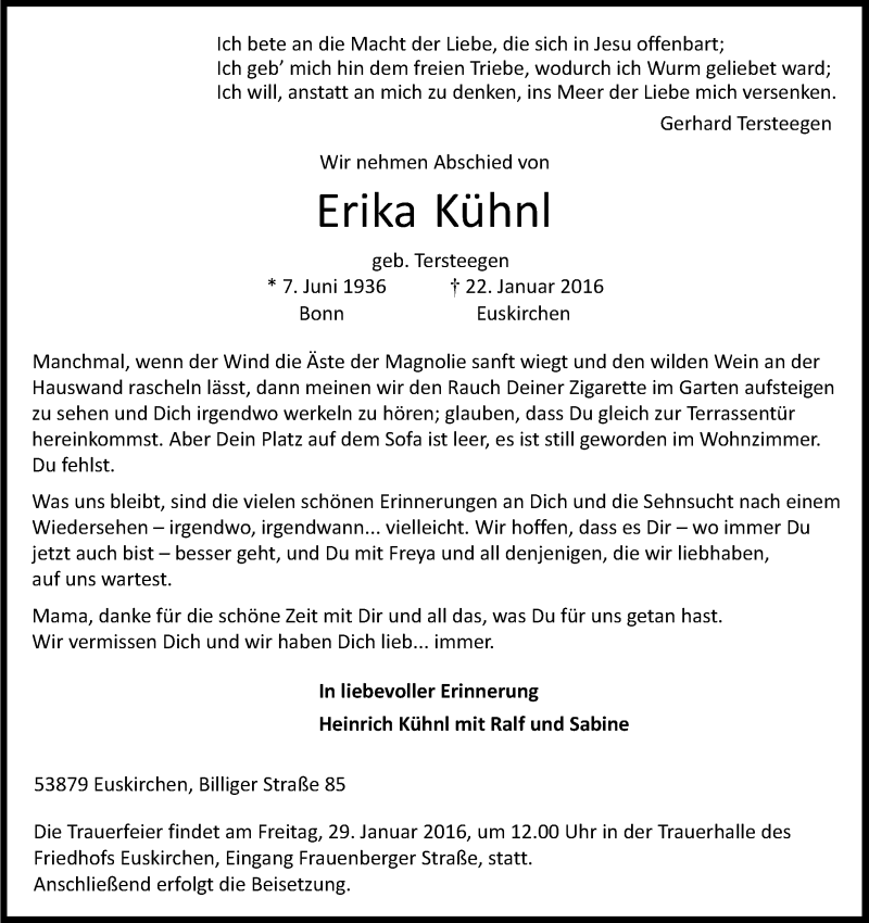  Traueranzeige für Erika Kühnl vom 27.01.2016 aus Kölner Stadt-Anzeiger / Kölnische Rundschau / Express