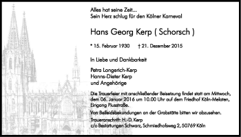 Anzeige von Hans Georg Kerp von Kölner Stadt-Anzeiger / Kölnische Rundschau / Express
