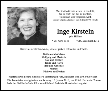 Anzeige von Inge Kirstein von Kölner Stadt-Anzeiger / Kölnische Rundschau / Express
