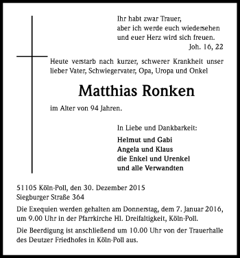 Anzeige von Matthias Ronken von Kölner Stadt-Anzeiger / Kölnische Rundschau / Express