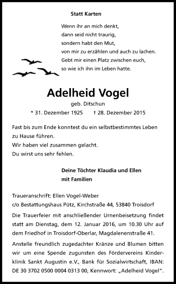 Anzeige von Adelheid Vogel von Kölner Stadt-Anzeiger / Kölnische Rundschau / Express