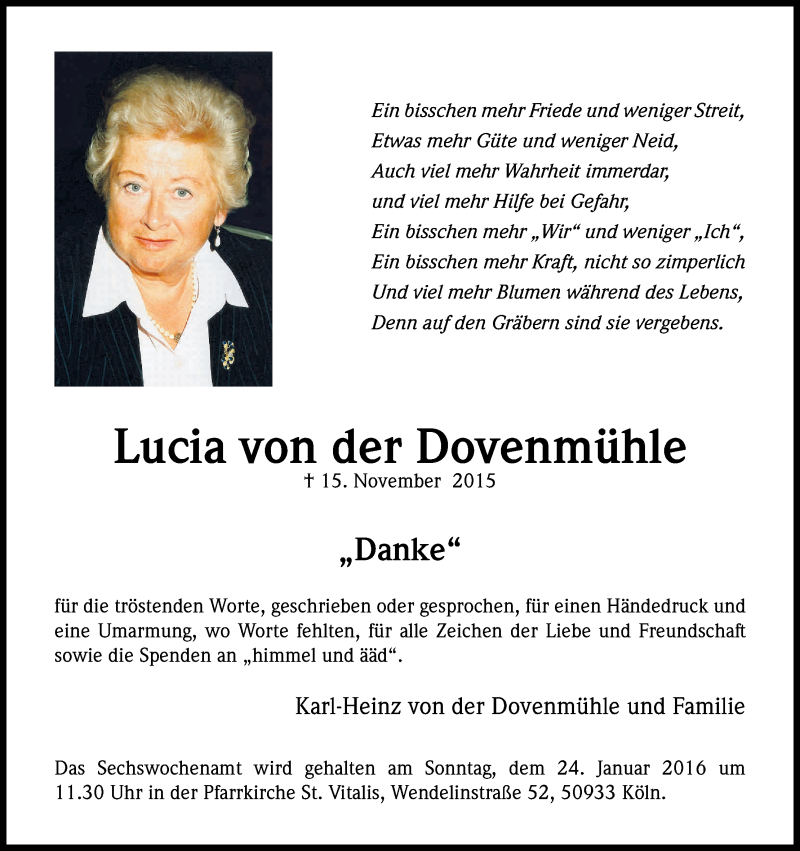  Traueranzeige für Lucia von der Dovenmühle vom 20.01.2016 aus Kölner Stadt-Anzeiger / Kölnische Rundschau / Express