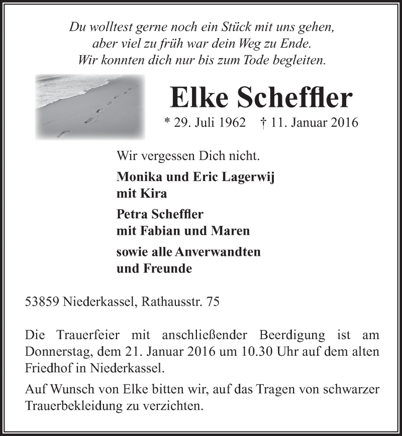  Traueranzeige für Elke Scheffler vom 20.01.2016 aus  Extra Blatt 