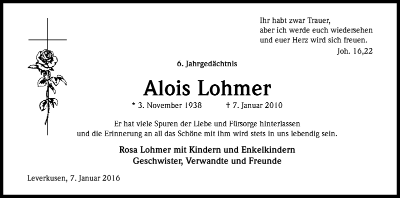  Traueranzeige für Alois Lohmer vom 07.01.2016 aus Kölner Stadt-Anzeiger / Kölnische Rundschau / Express