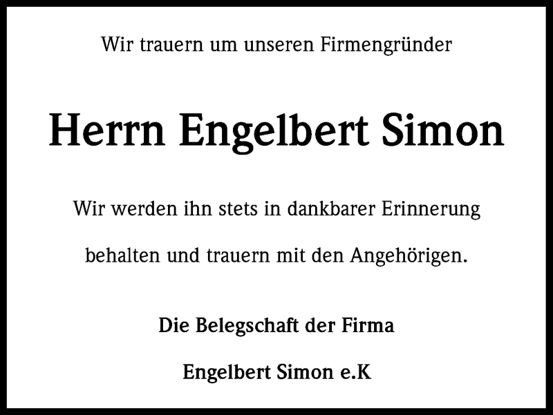  Traueranzeige für Engelbert Simon vom 28.01.2016 aus Kölner Stadt-Anzeiger / Kölnische Rundschau / Express
