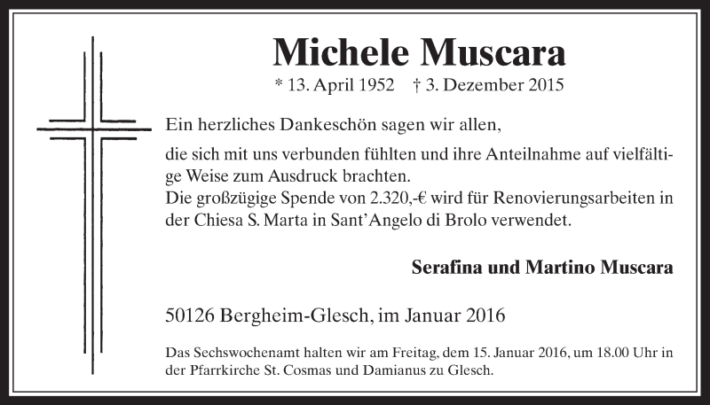  Traueranzeige für Michele Muscara vom 13.01.2016 aus  Werbepost 