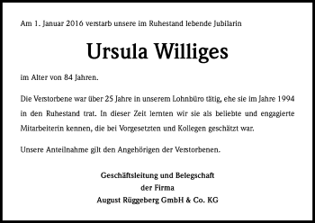 Anzeige von Ursula Williges von Kölner Stadt-Anzeiger / Kölnische Rundschau / Express