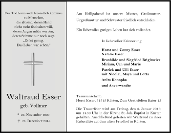 Anzeige von Waltraud Esser von Kölner Stadt-Anzeiger / Kölnische Rundschau / Express