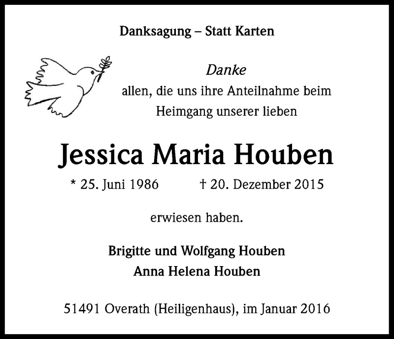  Traueranzeige für Jessica Maria Houben vom 20.01.2016 aus Kölner Stadt-Anzeiger / Kölnische Rundschau / Express