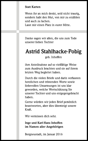 Anzeige von Astrid Stahlhacke-Pobig von Kölner Stadt-Anzeiger / Kölnische Rundschau / Express