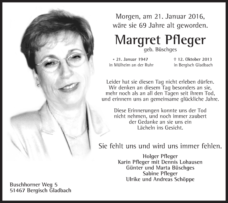  Traueranzeige für Margret Pfleger vom 20.01.2016 aus  Bergisches Handelsblatt 