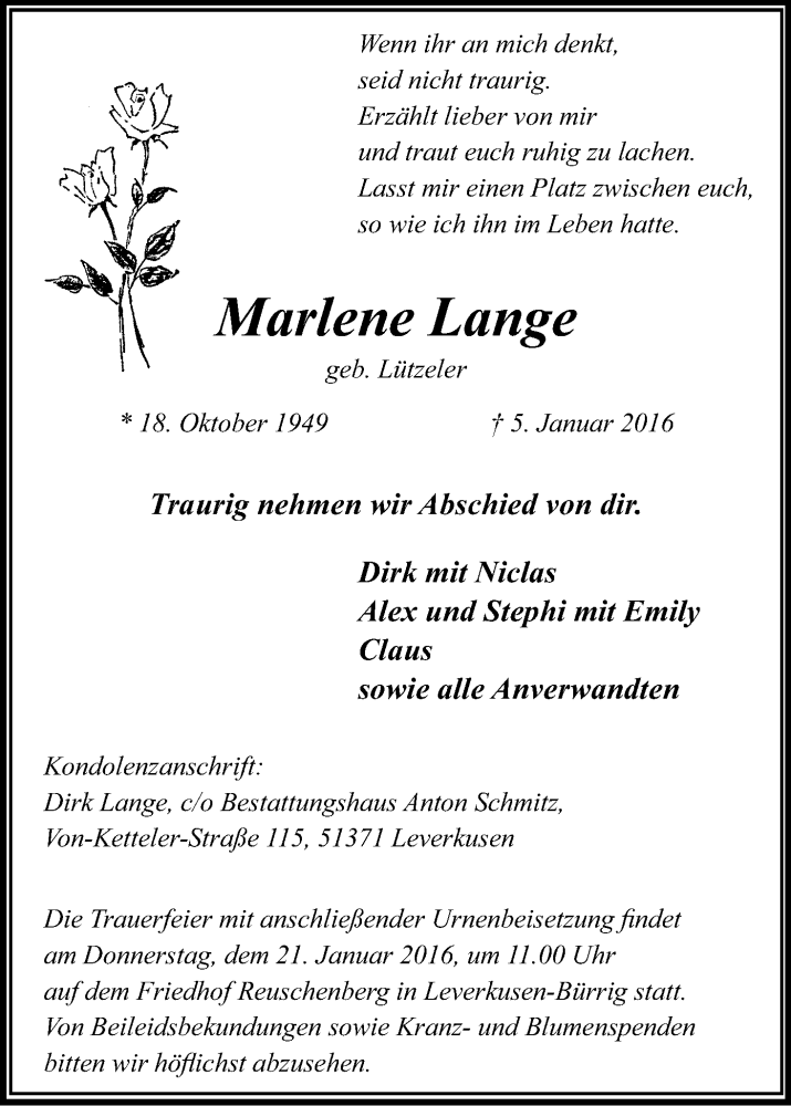  Traueranzeige für Marlene Lange vom 18.01.2016 aus Kölner Stadt-Anzeiger / Kölnische Rundschau / Express