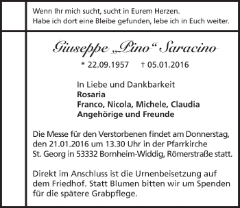 Anzeige von Giuseppe Saracino von  Rhein-Sieg-Wochenende 