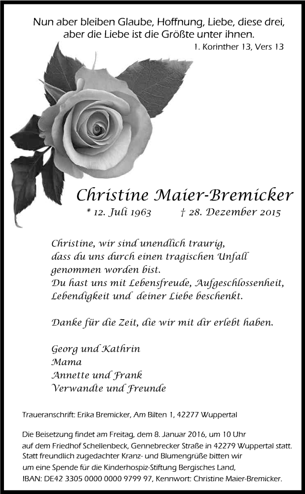  Traueranzeige für Christine Maier-Bremicker vom 06.01.2016 aus Kölner Stadt-Anzeiger / Kölnische Rundschau / Express