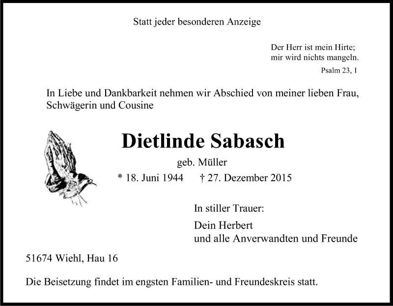  Traueranzeige für Dietlinde Sabasch vom 02.01.2016 aus Kölner Stadt-Anzeiger / Kölnische Rundschau / Express