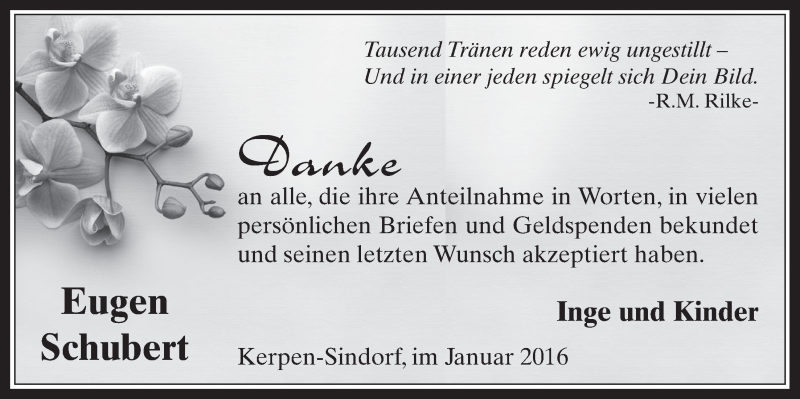  Traueranzeige für Eugen Schubert vom 27.01.2016 aus  Werbepost 