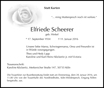 Anzeige von Elfriede Scheerer von Kölner Stadt-Anzeiger / Kölnische Rundschau / Express