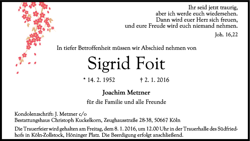  Traueranzeige für Sigrid Foit vom 06.01.2016 aus Kölner Stadt-Anzeiger / Kölnische Rundschau / Express