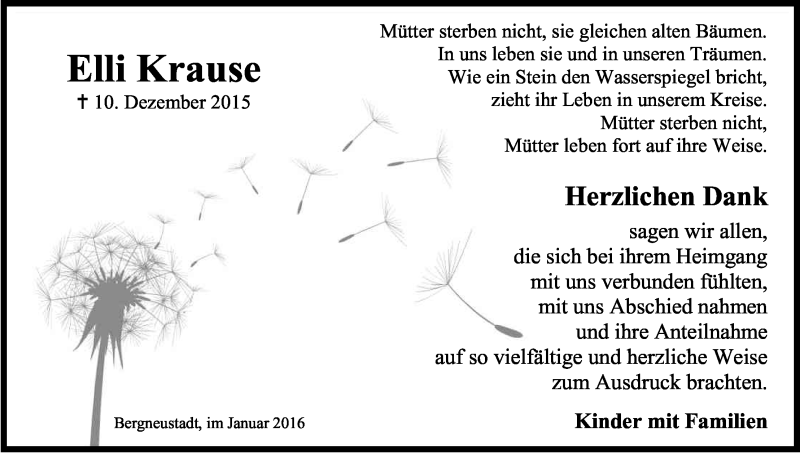  Traueranzeige für Elli Krause vom 30.01.2016 aus Kölner Stadt-Anzeiger / Kölnische Rundschau / Express