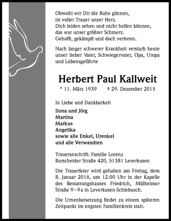 Anzeige von Herbert Paul Kallweit von Kölner Stadt-Anzeiger / Kölnische Rundschau / Express