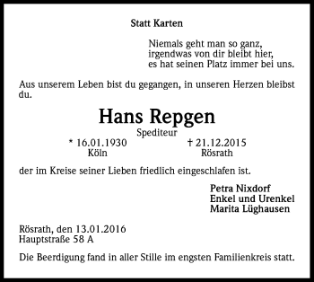 Anzeige von Hans Repgen von Kölner Stadt-Anzeiger / Kölnische Rundschau / Express