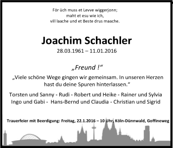 Anzeige von Joachim Schachler von Kölner Stadt-Anzeiger / Kölnische Rundschau / Express