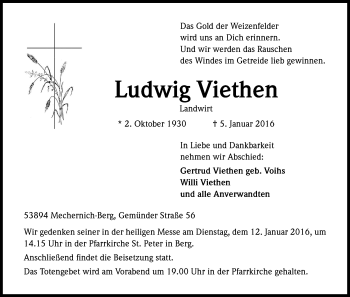 Anzeige von Ludwig Viethen von Kölner Stadt-Anzeiger / Kölnische Rundschau / Express