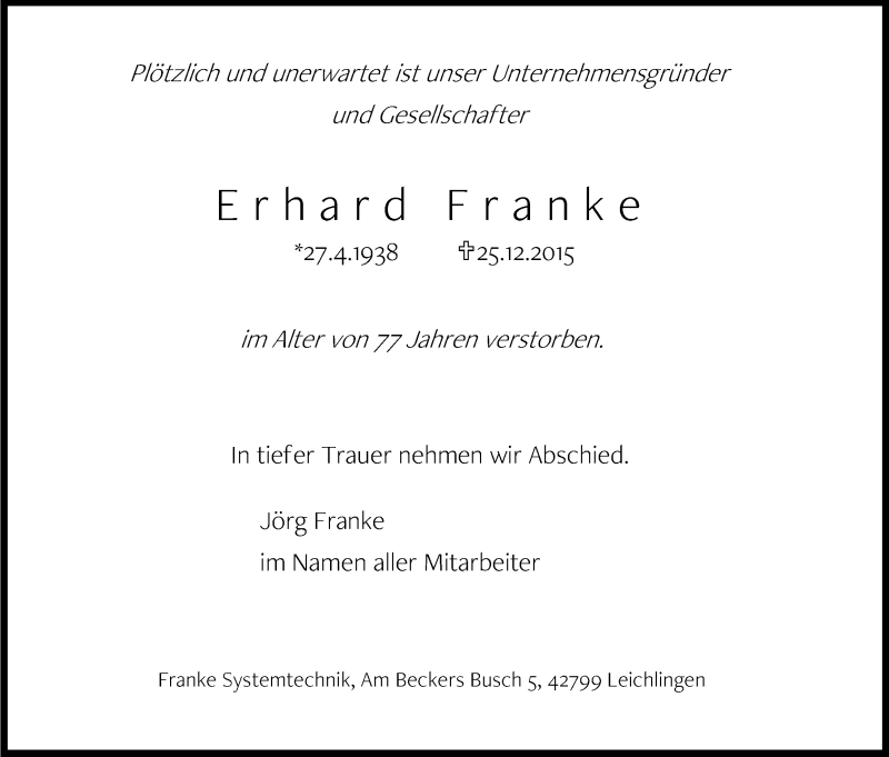  Traueranzeige für Erhard Franke vom 06.01.2016 aus Kölner Stadt-Anzeiger / Kölnische Rundschau / Express