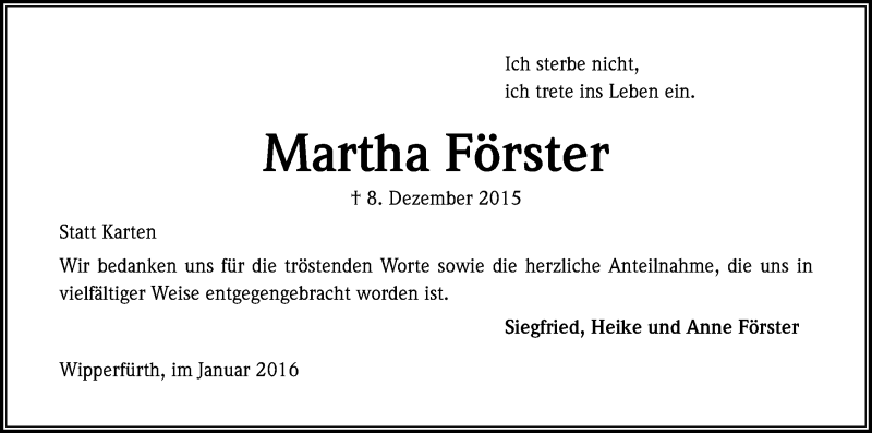  Traueranzeige für Martha Förster vom 15.01.2016 aus Kölner Stadt-Anzeiger / Kölnische Rundschau / Express