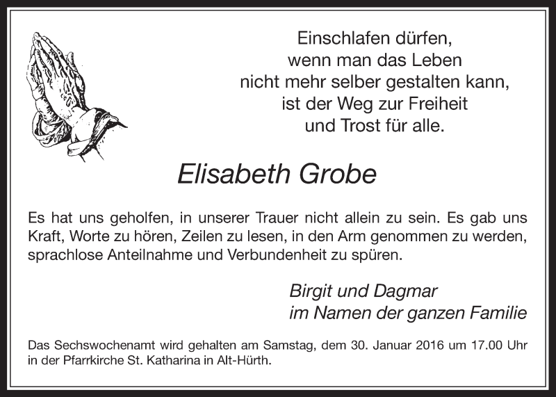  Traueranzeige für Elisabeth Grobe vom 20.01.2016 aus  Wochenende 