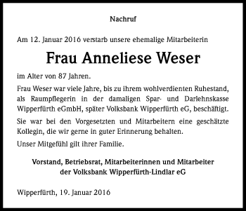 Anzeige von Anneliese Weser von Kölner Stadt-Anzeiger / Kölnische Rundschau / Express