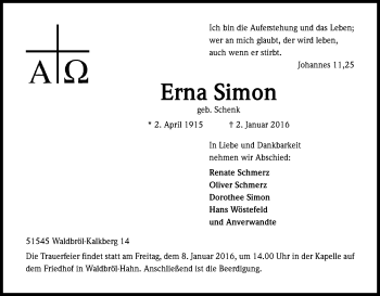 Anzeige von Erna Simon von Kölner Stadt-Anzeiger / Kölnische Rundschau / Express