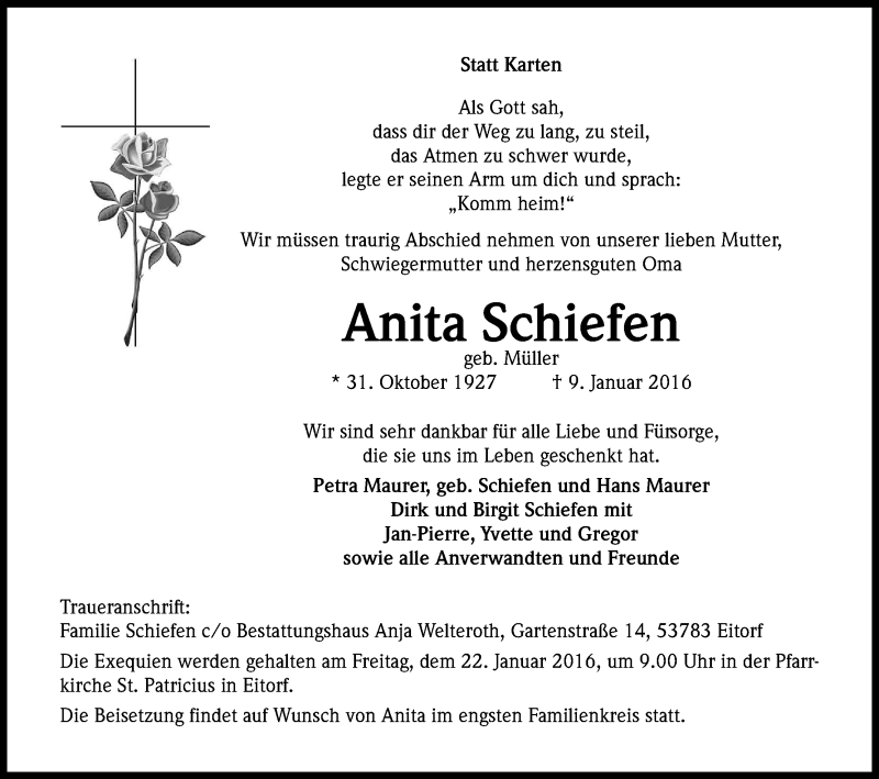  Traueranzeige für Anita Schiefen vom 16.01.2016 aus Kölner Stadt-Anzeiger / Kölnische Rundschau / Express