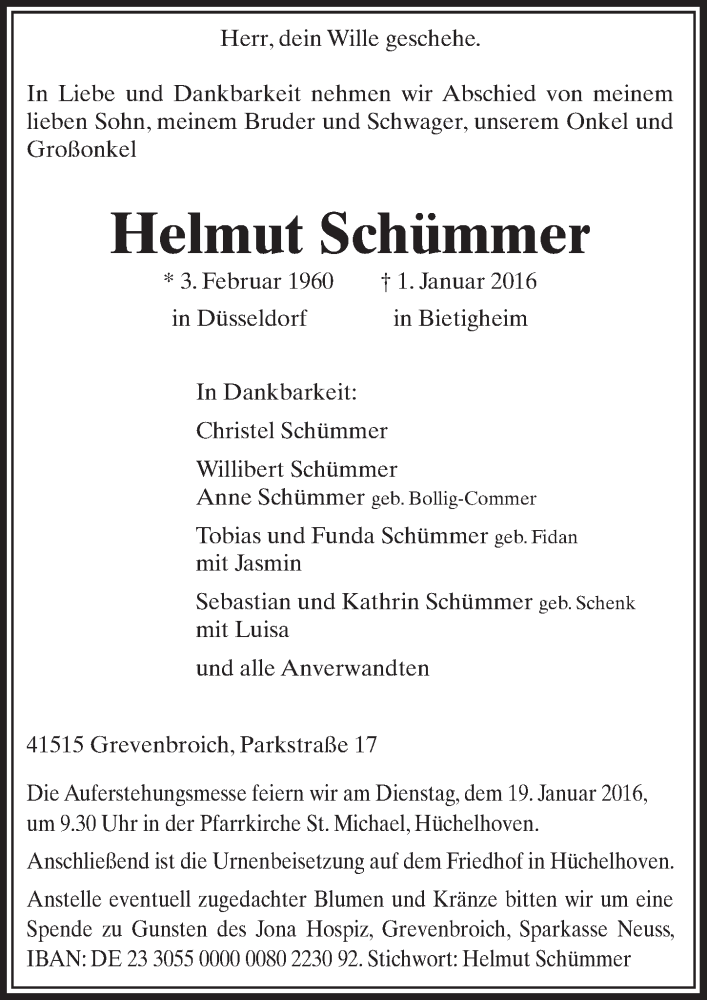  Traueranzeige für Helmut Schümmer vom 16.01.2016 aus  Sonntags-Post 