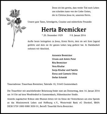 Anzeige von Herta Bremicker von Kölner Stadt-Anzeiger / Kölnische Rundschau / Express