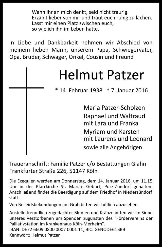  Traueranzeige für Helmut Patzer vom 13.01.2016 aus  Kölner Wochenspiegel 