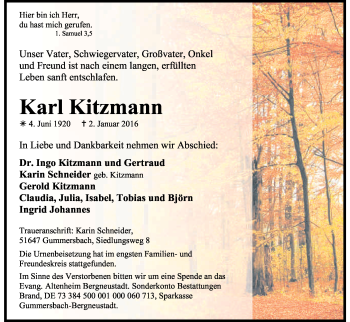 Anzeige von Karl Kitzmann von Kölner Stadt-Anzeiger / Kölnische Rundschau / Express