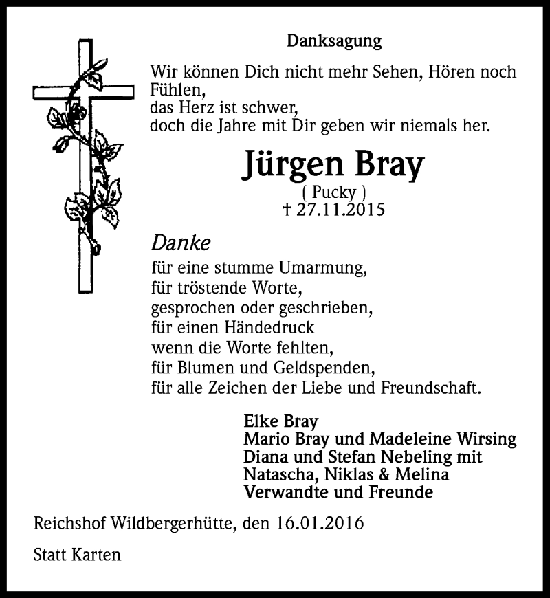  Traueranzeige für Jürgen Bray vom 16.01.2016 aus Kölner Stadt-Anzeiger / Kölnische Rundschau / Express