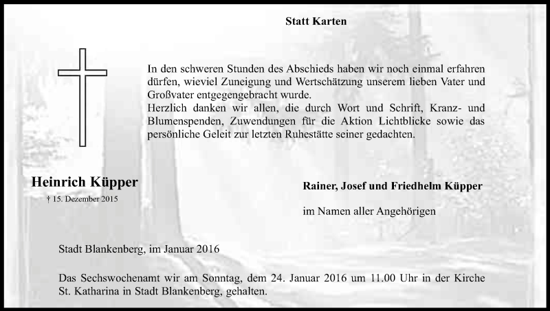  Traueranzeige für Heinrich Küpper vom 16.01.2016 aus Kölner Stadt-Anzeiger / Kölnische Rundschau / Express